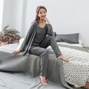 3 -stycken set casual modal hemkläder för kvinnor hösten atoff hem grå kvinnliga modala hemkläder byxor pjs långärmad pyjama set 201217