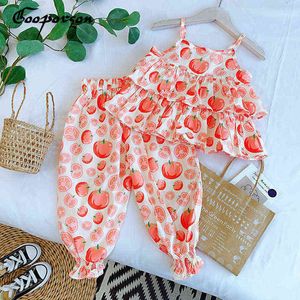 Gooporson Summer Kids Clothes Tomatoes Printed Fashion Korean Little Girls Clothing Set Sun-top&pants Children Beach Outfits G220310