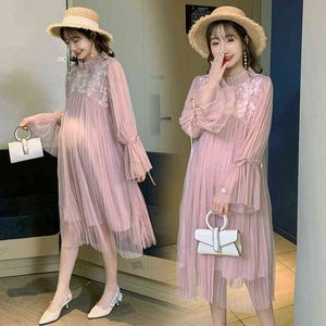 Fashion Lace Maternity Clothes Dress Boat Neck Two Layers Spring Autumn Pregnancy Clothes Maternity Gown Wedding Dresses G220309