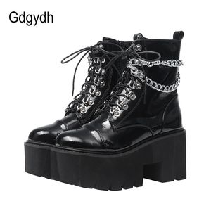 Gdgydh Botas de couro Patente Gótico Mulheres negras calcanhar sexy Chain Chaky Heel Platform Female Punk Style Boot Zipper