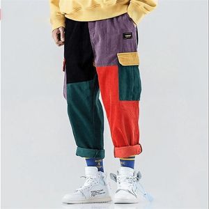 A Arandric Eden Cortar Calça de Calça Calças de Carga Homens Harem Jogger Vintage Color Block Patchwork Corduroy Hip Hop Harajuku Calças 201218