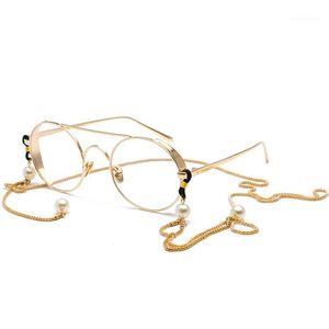 Retro redondo óculos de metal frame espelho plano com cadeia de pérola suporte cordão cordão colar copos halter1