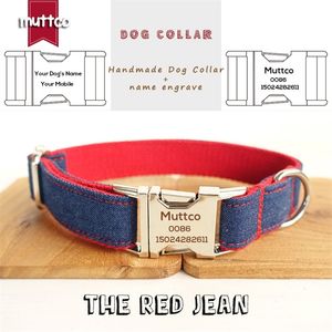 Muttco Grawerowany Nazwa Pet Retailing Specjalny Samopoziomowy projekt Red Jean Anti-Lost Collar Canvas Stripe Dog Collar 5 rozmiarów LJ201112