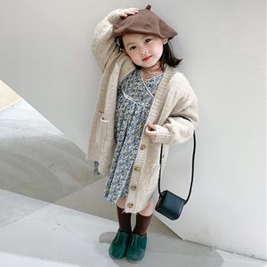 Koreanische Baby Mädchen Mid-länge Solide Pullover Strickjacke Mädchen Einreiher Lose Kinder Mode Allgleiches Warme Gestrickte Mantel 201106