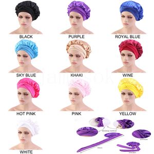 Women Satin caps Solid With Wide Tie Long Hair Care Night Sleep Hat Adjust Hair Styling Silk Head Wrap Shower Cap DD958