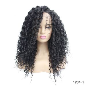 Afro kinky curly syntetic lacefront wig svart simulering mänskliga hår spets fram peruker 1934-1