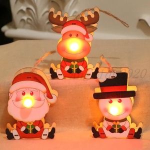 Ornamentos brilhantes de madeira de Natal levou luz luminosa Santa Snowman cervo pingente de árvore de Natal decorações de brinquedo de criança
