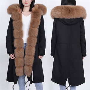 MMK Real New Fashion Fox Fur Collar Winter Women's Löstagbara Tjockna lång stil Övervunnen Coat 201212