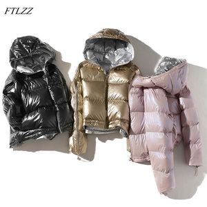 FTLZZ 여성 양면 실버 다운 파카 코트 겨울 레이디 후드 화이트 오리 다운 재킷 방수 스노우 겉옷 201102