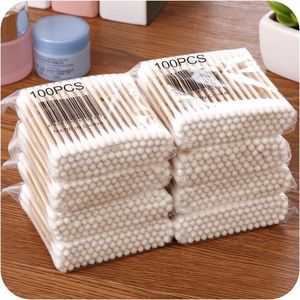 Wholesale Cotton swabs Double Head Cotton Buds 100pcs Women Beauty Makeup Cotton Swab Make Up Wood Sticks Nose Ears Cleaning Cosmetics Health Care HB1