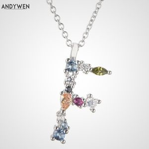 Andywen 925 Sterling Silver Elegante 26 Letras Pingente Mini Inicial F P Colar Cadeia Longa Platia Platium Cz Colar Jóias Q0531