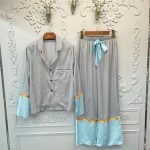 Jrmissli kadınlar ipek çizgili pijama pijamalar iki parçalı set üst ve pantolon pijama ev giyim 210203