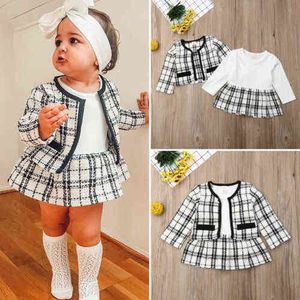 Meninas bebê 2 pcs princesa outfits outono inverno roupas preta casaco de xadrez branco tops patchwork o pescoço tutu vestido trajes formal g220217