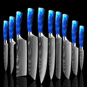 Kitchen Knife Set 10 Pieces Chef Knife Professional Japanese 7CR17 Stainless Steel Laser Damascus Knife Sharp Santoku Blue Resin Handl