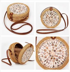 Heißer Verkauf Stroh Tasche Strand Handtaschen Rattan Schulter Tasche Runde Frauen Sommer Handgemachte Messenger Umhängetaschen Bali Bunte Shell Damen