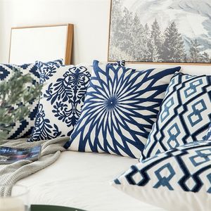 Home Decor Embroidered Cushion Cover Navy Blue White Geometric Floral Canvas Cotton Suqare Embroidery Pillow Cover 45x45cm LJ20121225G