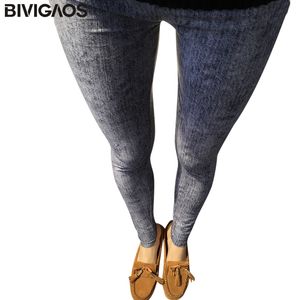 Bivigaos Nova Primavera Moda Mulheres Alta Elastic Fake Jeans Leggings Mulheres Skinny Slim Jeggings Escovado Calças Mulheres Azul Cinza 201014