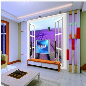 リビングルームの窓紫ラベンダーの花の海の壁紙テレビの背景の壁のための3 dの壁紙の壁紙