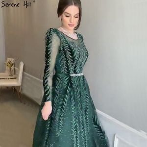 두바이 디자인 녹색 긴 소매 이브닝 드레스 O 넥 넥 구슬 장식 된 A 라인 공식 드레스 Serene Hill LA70040 201113