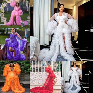 Se igenom Ruffles Bridal Sleepwear 2021 Kvinnor Gravid Party Night Robes med Bälte Maternity PhotosHoot NightGowns