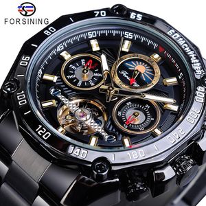 Forsining Classic Black Mens Orologi meccanici Tourbillon Hollow Skeleton Carica automatica Data Moonphase Cinture in acciaio Orologio automatico