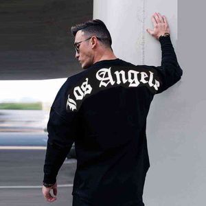 Los Angeles Print Long sleeve Cotton T-shirt Men Gym Fitness Bodybuilding Workout t shirt Male Tee Tops Sport Brand Clothing G1222