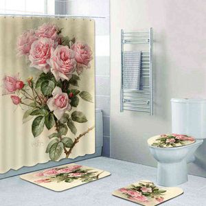 ぼろぼうシックなピンクビクトリア朝のバラの花のバスルームカーテンシャワーカーテンセットエレガントな花の風呂マットrugトイレの家の装飾ギフトG220315