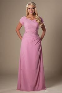 Dusty Rose Chiffon Long Modest Modest Dridesmaid Vestidos com mangas curtas A-line Ruched Cap Sleeves Maids of Honor Vestidos Barato Nova Chegada