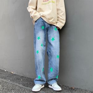 Мужские джинсы весенние звезда принт Жинские штаны Япония стиль мужской прямой свободные джинсовые уличные одежды мешковатые брюки хип-хоп брюки черный / синий