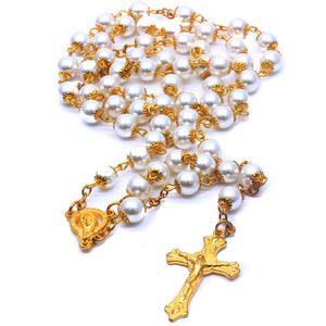 8 mm Pearl Rosary Necklace With Cup For Wedding Long Cross Pendant Catholic Jewelry