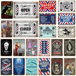 Vintage Barber Shop Crafts Metal Signs Wall Sticker Öppen Stängd reklamplack för Pub Bar Club Shop Home Decor Hair Cut Poster