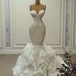 Luxury Tiered Ruffles Long Mermaid Wedding Dresses Crystals Beaded Lace Appliqued Gorgeous Wedding Gowns Straps Sweetheart Neck Lace up Custom Made Bride Dress Xu