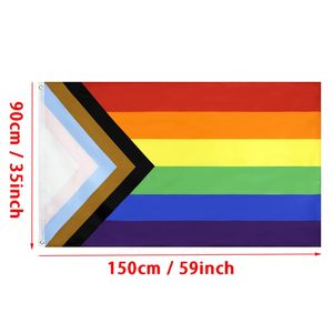 Partihandel 90 * 150cm Triangel Rainbow Flaggor Banner Polyester Metall Grommets LGBT Gay Regnbåge Progress Pride Flag Dekoration WLY BH4589