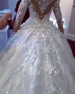 Bridal Gown New Arabic Dubai Crystal Wedding Dress 2023 Full Sleeves Beaded Puffy 3D Flower Lace Wedding Gowns Robe De Mariee306b