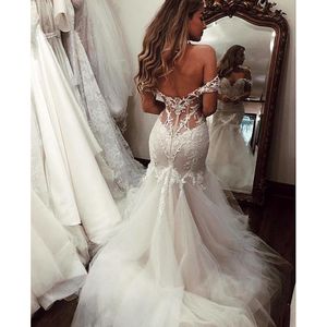 Off The Shoulder Sexy Illusion Mermaid Wedding Dress Court Train Layers Tulle Bridal Gowns with Floral Lace