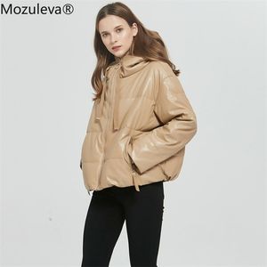 Mozuleva mulheres espessas quentes PU Faux couro acolchoado casaco inverno zíper com capuz jaqueta parka bolsos de manga comprida outerwear tops 201224