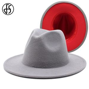 Fs 61cm cinza retalhos vermelhos lã de lã de jazz fedora chapéus para mulheres unisex larga borda panam festa trilby cowboy cap homens cavalheiro