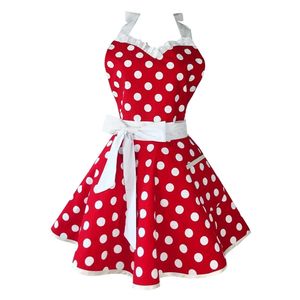 Piękne Kochanie Czerwony Retro Kuchnia Fartuchy Kobieta Dziewczyna Bawełna Polka Dot Gotowanie Salon Vintage Fartuch Sukienka Boże Narodzenie 201007