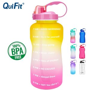 Quifit 2l 3.8L Gallon Tritan Sports Vattenflaska med halm Stor Protein Shaker Drink Flaskor Gourd Cup Jug BPA Gratis Utomhus Gym 201105