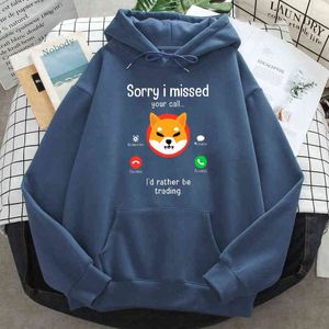 Ledsen jag saknade dig ringa shiba inu utskrift hoodies mans hooded vintage pullover o neck retro hooded hip hop mode män hoodies h1227