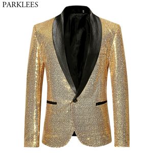 Shiny Gold Sequin Bling Glitter Suits&Blazer Men New Shawl Collar Club DJ Mens Blazer Jacket Stage Clothers for Singers Xxl LJ201103