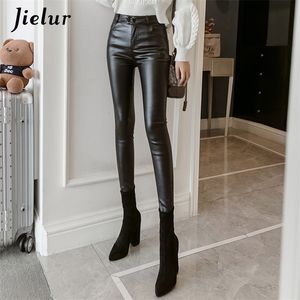 Jielur PU Faux кожаные леггинсы женщины худые серебро красные черные брюки женские леди S-3XL тонкий / флисовый карандаш легинов пузырь Butt LJ201006