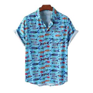 Vacation Men's Short Sleeve Shirts Floral Anime Fish Printed Shirt chemise homme Male Camisa Casual Loose Beach Hawaiian Shirts G0105