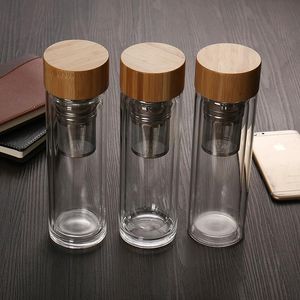 2021 450 ml Vattenflaskor med bambu Lock Dubbelväggig Glas Te Cup med teinfusionskorg