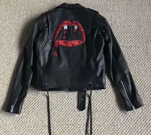 lapel neck men genuine leather jackets cow leather men jacket 3D Blood teeth embroidery