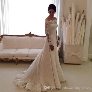 2021 elegante witte vintage lange mouwen kant zeemeermin trouwjurken lieverd bruiloft feestjurk bruidsjurken