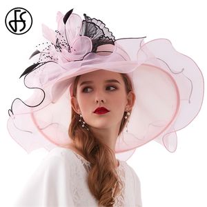 FS Lato Kościoła Kapelusze Dla Kobiet Eleganckie Pink Organza Damska Herbata Party Wedding Hat Duża Szeroka Brim Faszynator Vintage Fedora Y200602