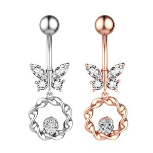 Rose Gold Silver Color Dangle Butterfly Navel Piercing & Bell Button Rings Surgical Stainless Steel for Women Fashion Summer Beach Party Jewelry