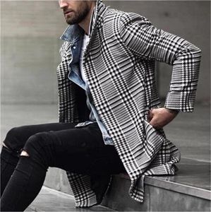 Mężczyźni Plaid Średniej długości Wełna Trench Płaszcze Moda Trend Z Długim Rękawem Pojedyncze Kapel Lapel Odzszenia Designer Mężczyzna Zimowy Casual Slim Woolen Coat