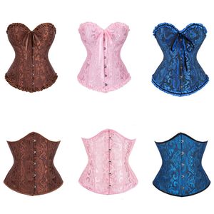 Corsetto in broccato jacquard 2022 Nuovo commercio all'ingrosso Plus size Lace up Donna Volant Nastro Ricamo floreale Overbust Sottoseno Ballo sexy Corse Bustini XS-6XL Rosa Blu Marrone